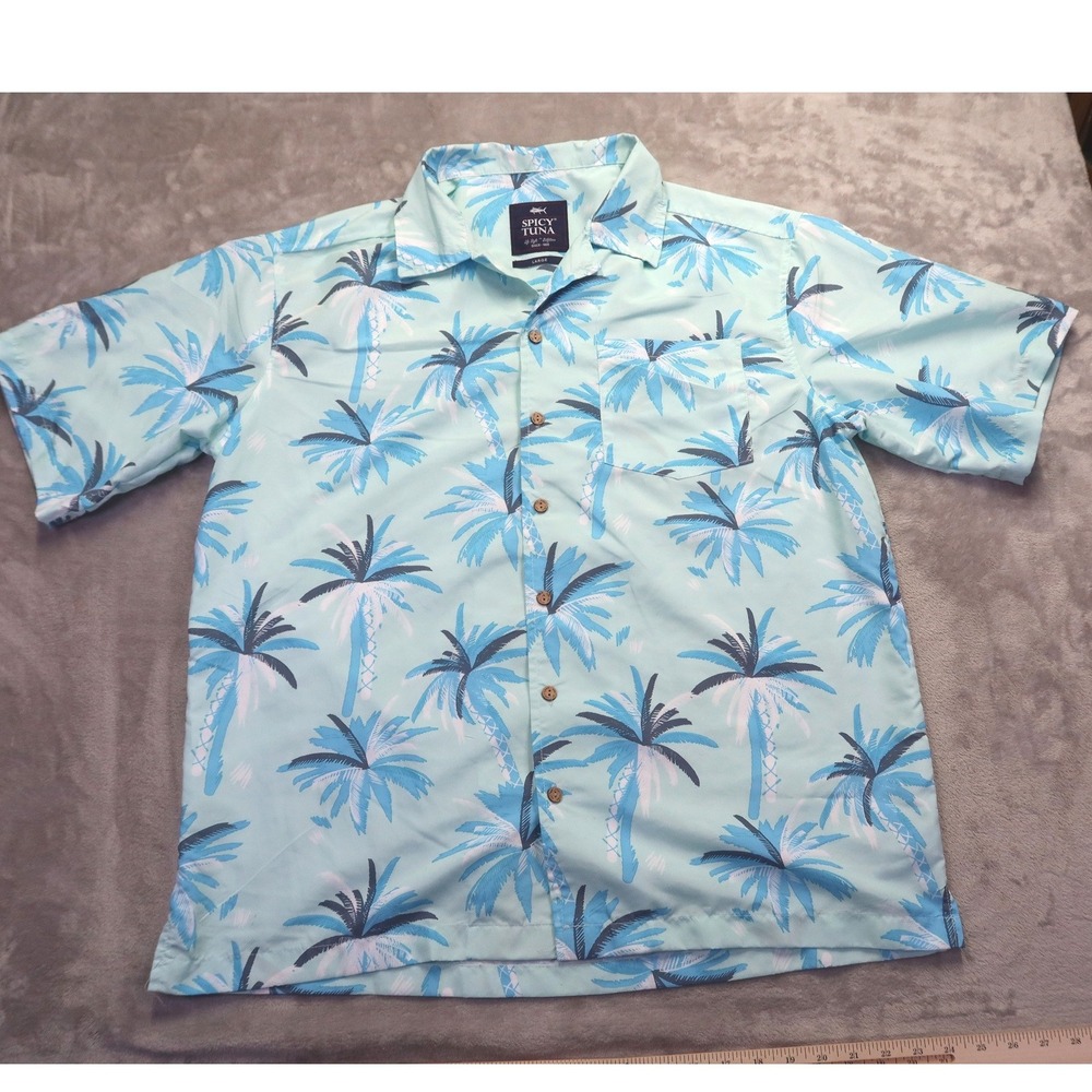 Spicy Tuna Men's Palm Tree Print Short Sleeve Button Down Shirt Mint‎ Blue L